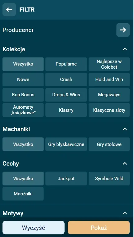 Coldbet panel filtrów — kolekcje automatów, Polska