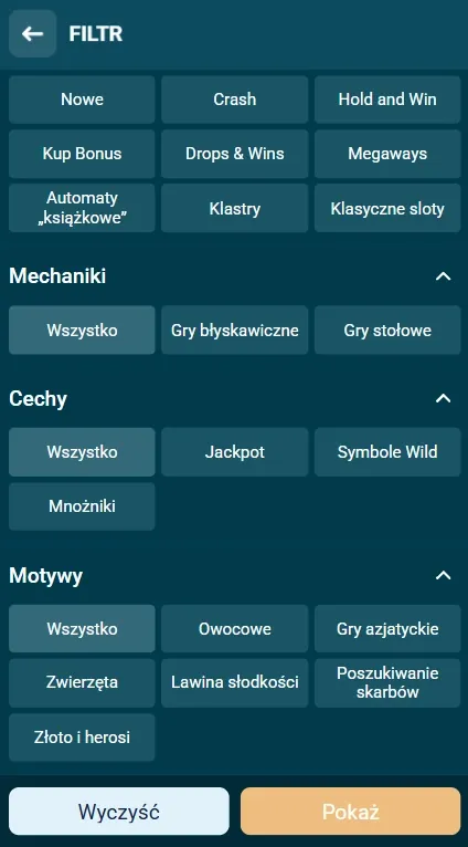Coldbet panel filtrów — tematyki automatów, Polska